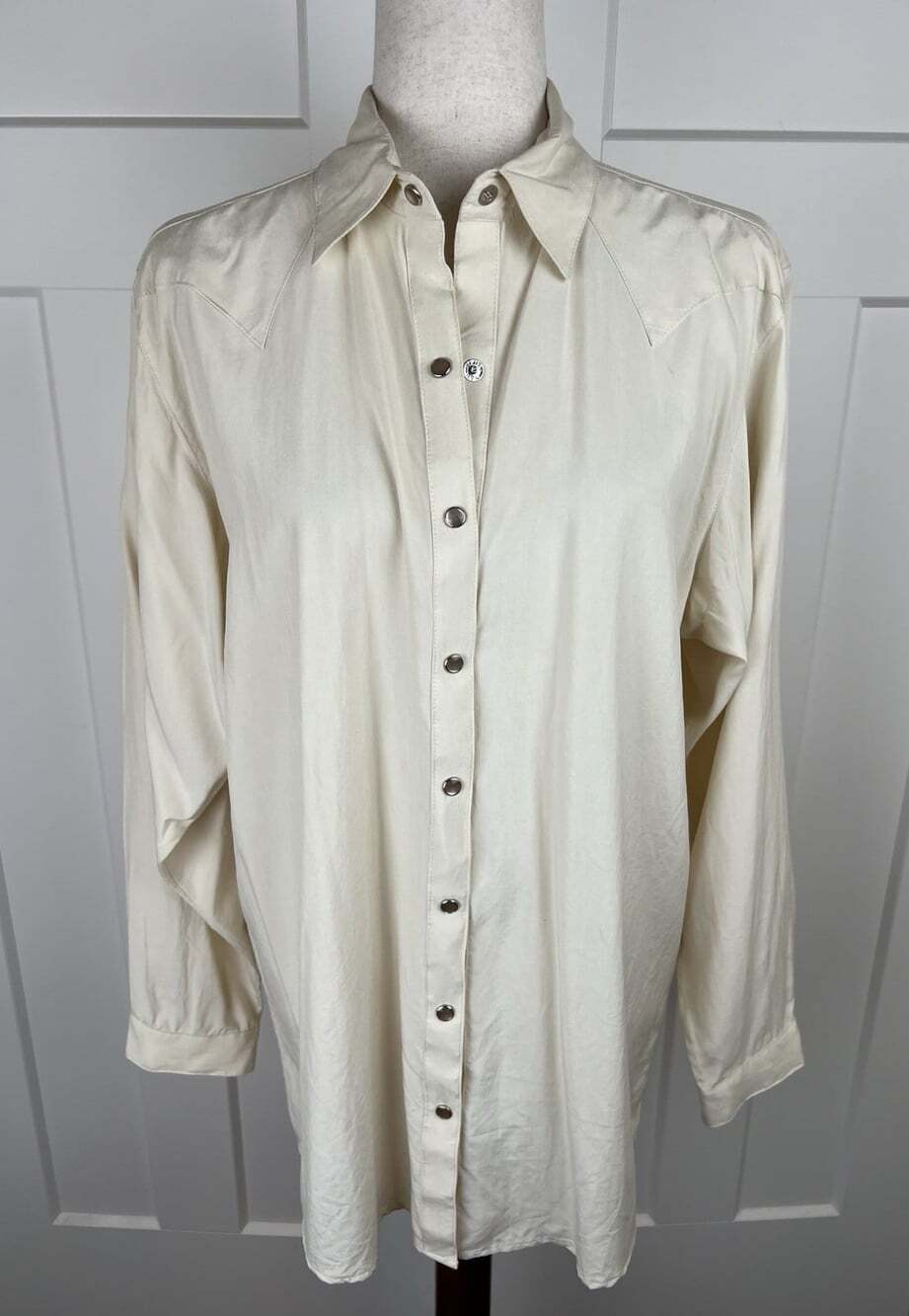Vintage Deborah Murray 100% Silk Western Shirt M Ivory Pearl Snap Made Canada